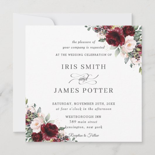 Classic Burgundy Blush Floral Wedding Square Kaart (Voorkant)
