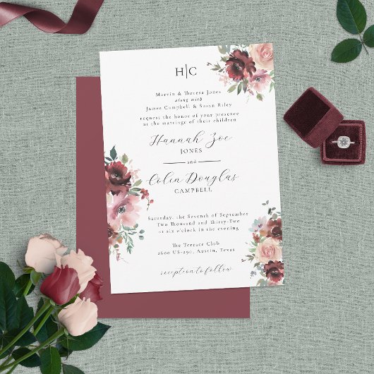 Classic Burgundy Blush Roos & Peony Kaart