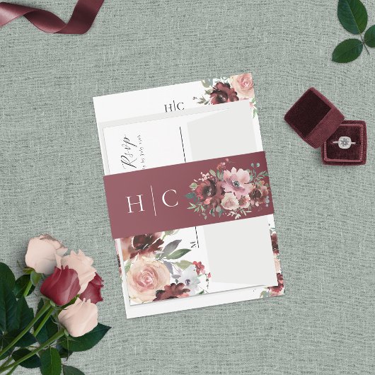 Classic Burgundy Blush Roos & Peony Uitnodigingen Wikkel