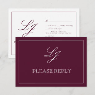 Classic Burgundy Calligraphy Monogram Weddenschap RSVP Kaartje