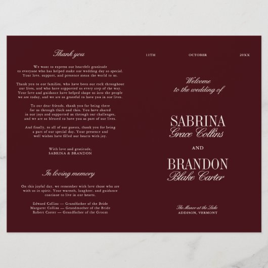 Classic Burgundy & Ivory Modern Wedding Program (Voorkant)