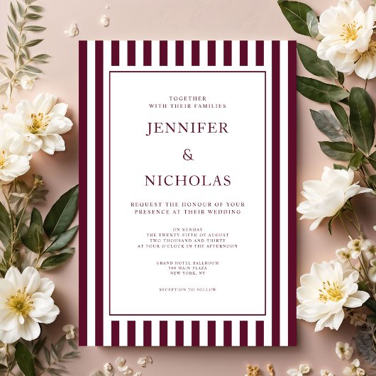 Classic Burgundy Stripes Wedding Kaart