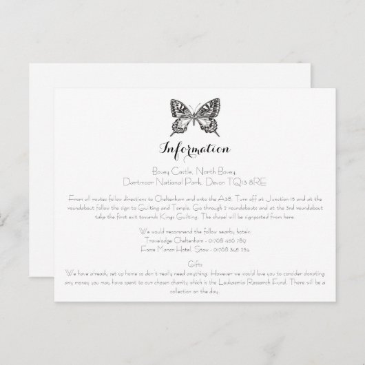 Classic Butterfly Wedding Informatie Kaart (Voorkant / Achterkant)