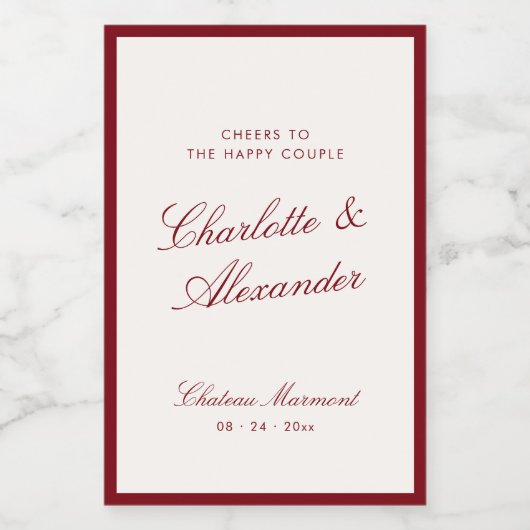 Classic Calligraphy Deep Red Old Money Wedding Wijn Etiket (Enkel label)
