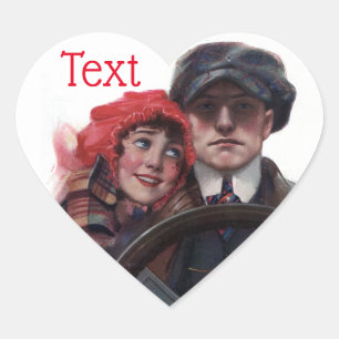 Classic car romantic winter illustration hart sticker