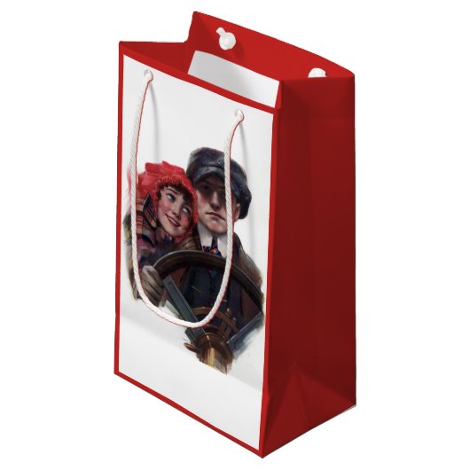 Classic car romantic winter illustration klein cadeauzakje (Voorkant Gekanteld)