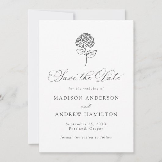 Classic Charcoal Hydrangea Wedding Save The Date (Voorkant)