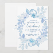 Classic Chic Blue Flower Verjaardag Uitnodiging (Voorkant / Achterkant)