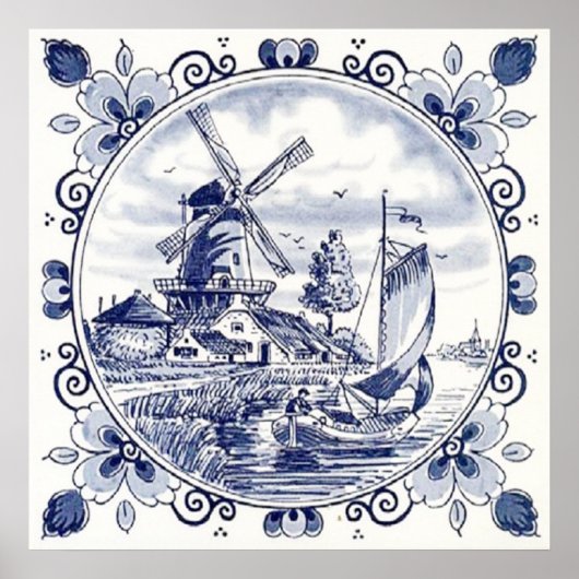 Classic Chic Hollandse Windmolen Delfts Blauw Poster (Voorkant)