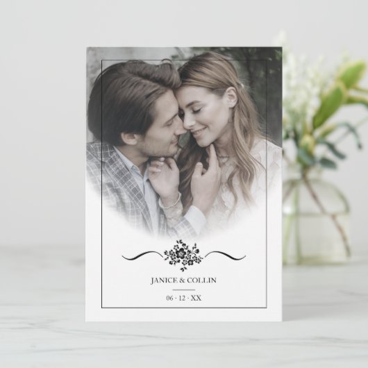 Classic Chic Typography Script Photo Weddenschap Kaart (Staand voorkant)