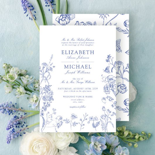 Classic Chinoiserie Blauw Victoriaans Bloemen Brui Kaart