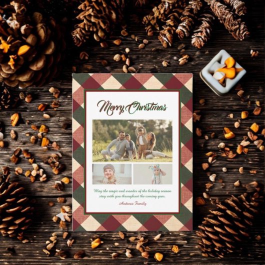 Classic Christmas Red Green Plaid 3 Photo Feestdagenkaart