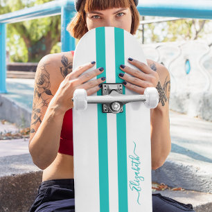Classic Cool Blauwgroen White Racing Stripes Monog Skateboard