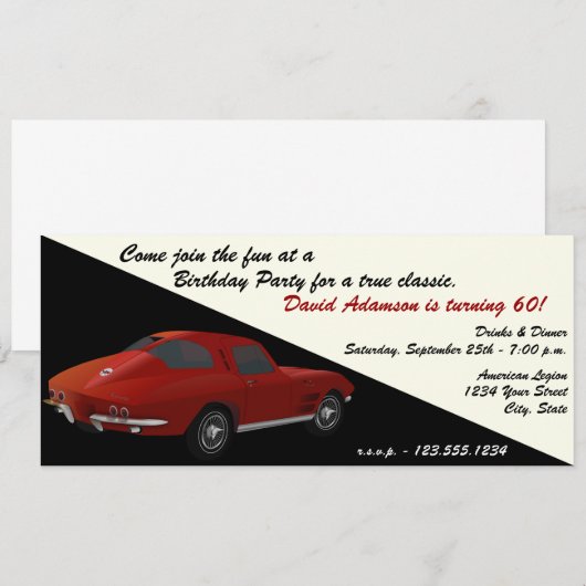 Classic Corvette Birthday Party Invitation Kaart (Voorkant / Achterkant)