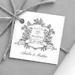 Classic Crest Love & Thanks Black and White<br><div class="desc">Elegant black and white vintage frame wedding thank you favor tag featuring a floral crest with optional text on the back  — perfect for a modern classic or romantic vintage wedding. For more advanced customization of this design,  please click the DESIGN TOOL BUTTON above!</div>
