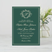 Classic crest monogram emerald green wedding kaart (Staand voorkant)