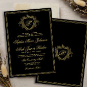 Classic crest monogram gold black wedding kaart