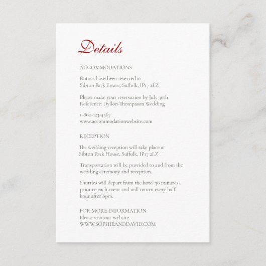 Classic Crimson Red Rose Lace Weddenschap Details Informatiekaartje (Voorkant)