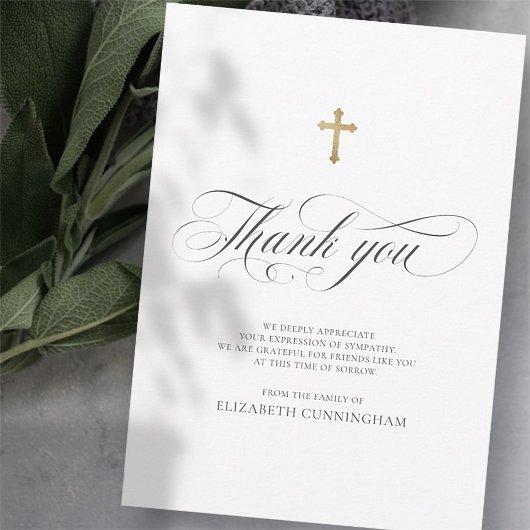 Classic Cursive Script Calligraphy Cross Memorial Bedankkaart