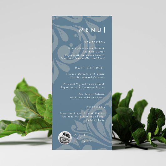 Classic Damask Blauwgroen foto bruiloft Menu