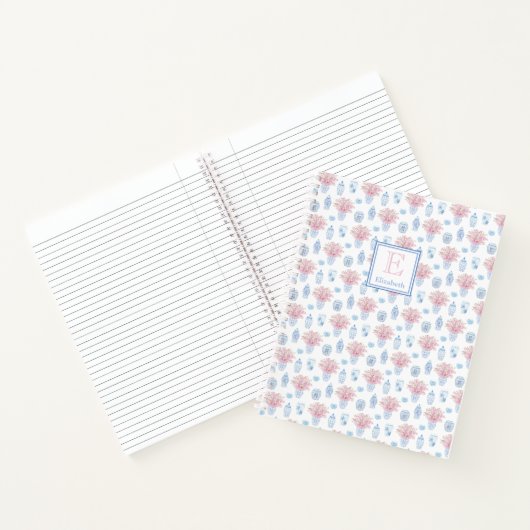 Classic Dames Blauw Wit Roze Ginger Jars Initiaal Notitieboek (Binnen)