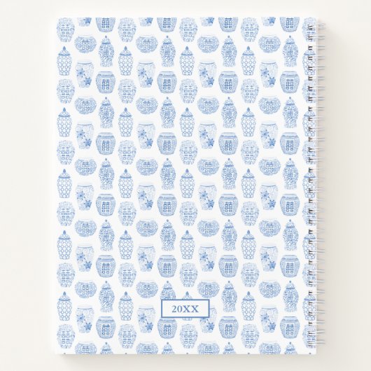 Classic Dames Blauw Wit Roze Ginger Jars Initiaal Notitieboek (Achterkant)