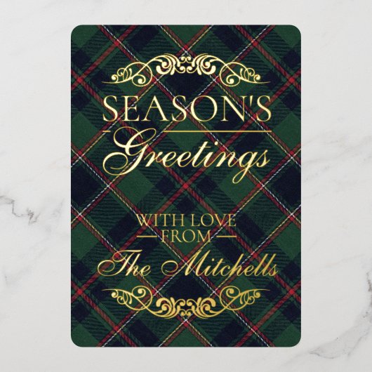 Classic Dark Blue Red Green Plaid Pattern Gold Folie Feestdagenkaart (Voorkant)