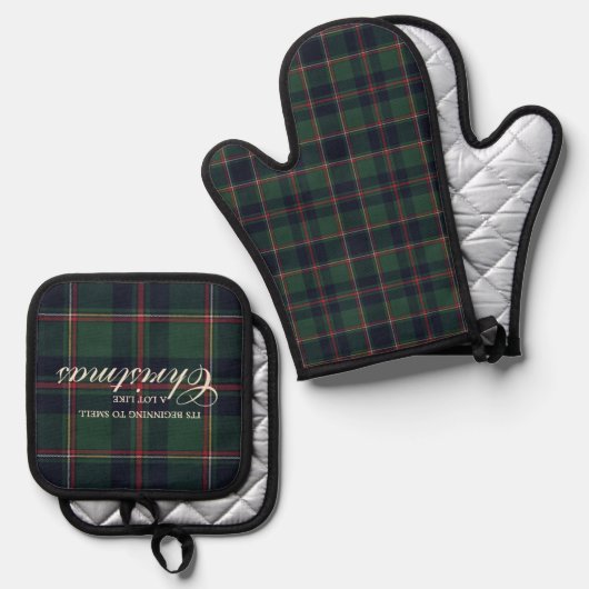 Classic Dark Blue Red Green Plaid Pattern Ovenwant & Pannenlap Set (Voorkant / Achterkant)
