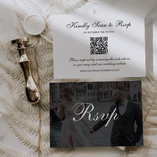 Classic Dark Overlay | QR Code Photo Wedding RSVP Kaartje