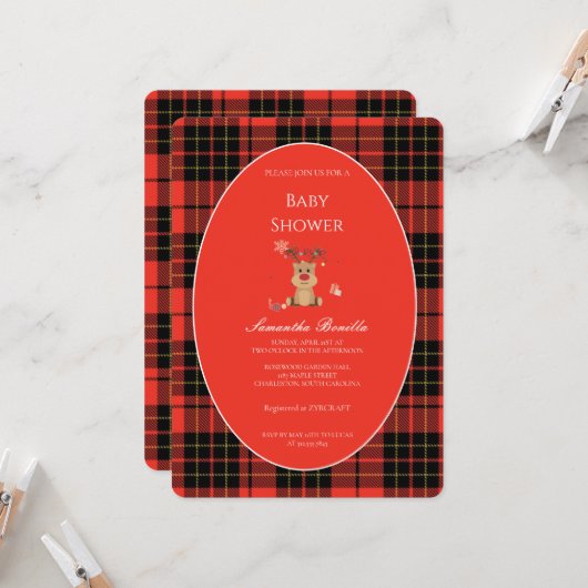 Classic Dark Red Plaid Baby Shower Invitation (Devant/Arrière en situation)