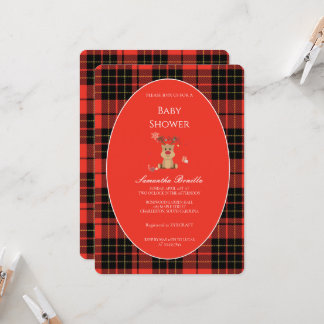 Classic Dark Red Plaid Baby Shower Invitation Kaart