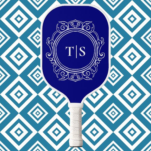Classic Deep Navy Blue Ornate Monogram Pickleball Paddle
