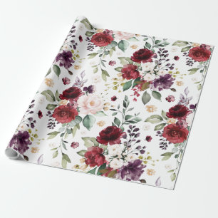 Classic Donkerrood Paarse witte Waterverf Bloemen Cadeaupapier