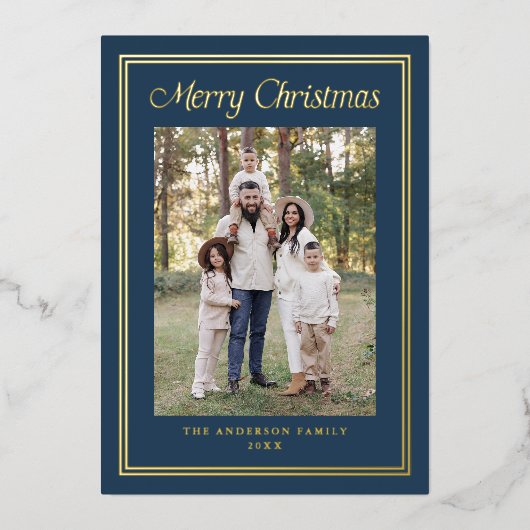 Classic Double Border Navy 2 Photo Folie Feestdagenkaart (Voorkant)