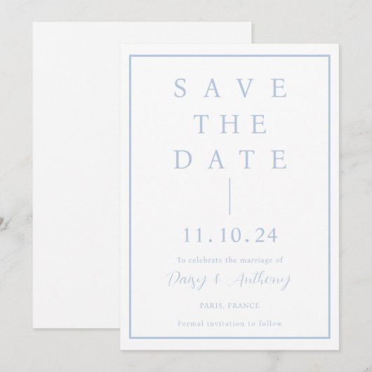 Classic Dusty Blue Border | Eenvoudig Elegant Save The Date (Voorkant / Achterkant)