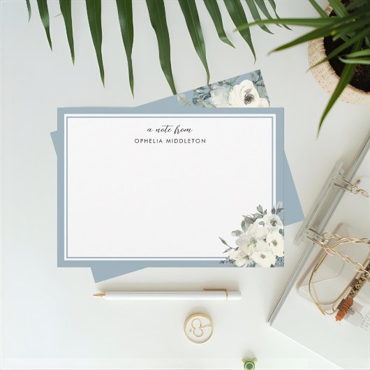 Classic Dusty Blue Border Floral  Notitiekaartje