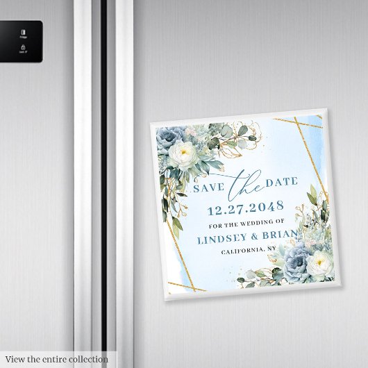 Classic Dusty Blue Botanical Gold Save The Date Magneet