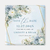 Classic Dusty Blue Botanical Gold Save The Date Magneet (Voorkant)