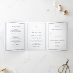 Classic Dusty Blue Elegant Wedding Drieluik Uitnodiging