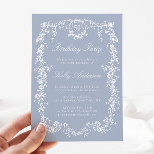 Classic Dusty Blue Floral 50ste Verjaardagsfeest Kaart