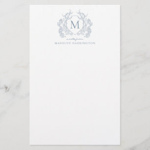 Classic Dusty Blue Floral  Crest Monogram Briefpapier