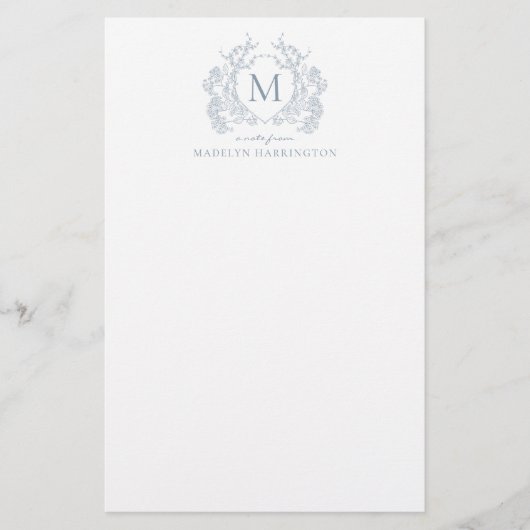 Classic Dusty Blue Floral  Crest Monogram Briefpapier (Voorkant)