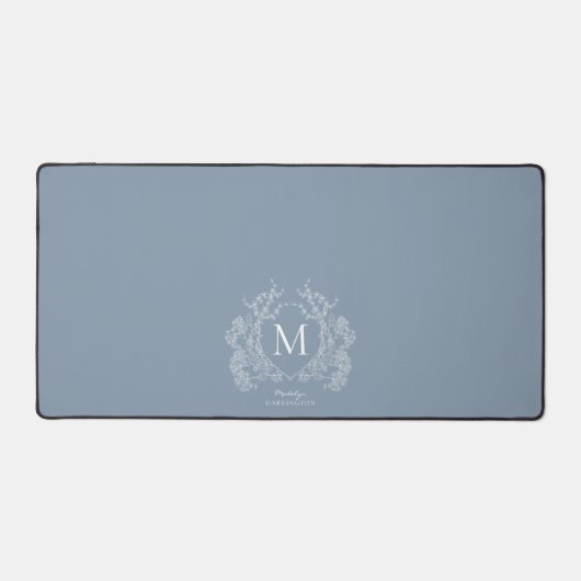 Classic Dusty Blue Floral Crest Monogram Bureaumat (Voorkant)