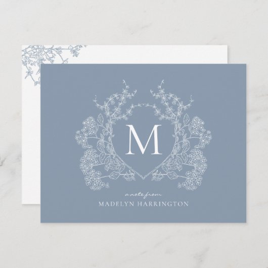 Classic Dusty Blue Floral Crest Monogram Notitiekaartje (Voorkant / Achterkant)