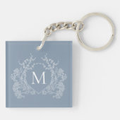 Classic Dusty Blue Floral Crest Monogram Sleutelhanger (Achterkant)