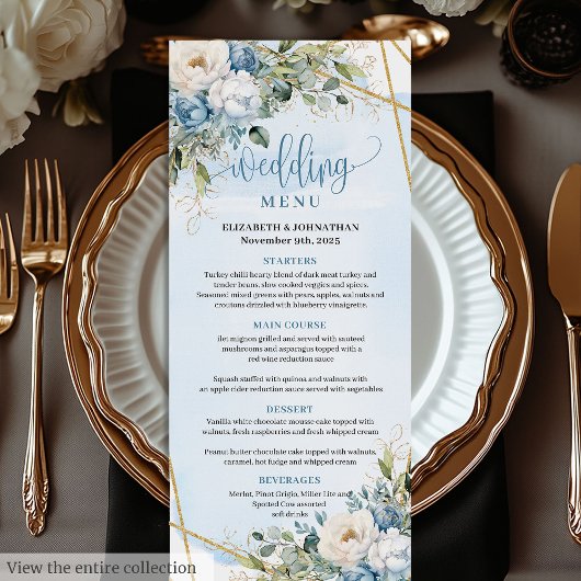 Classic Dusty Blue Floral Green Menu Mariage