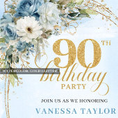 Classic Dusty Blue Gold Frame 90th Birthday Invite Kaart