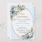 Classic Dusty Blue Gold Greenery Quince Invitation Kaart (Voorkant)