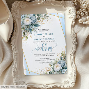 Classic Dusty Blue Gold Peonies Faire-part de mari