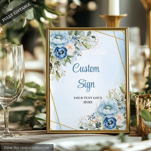 Classic Dusty Blue Greenery Gold Frame Wedding  Poster